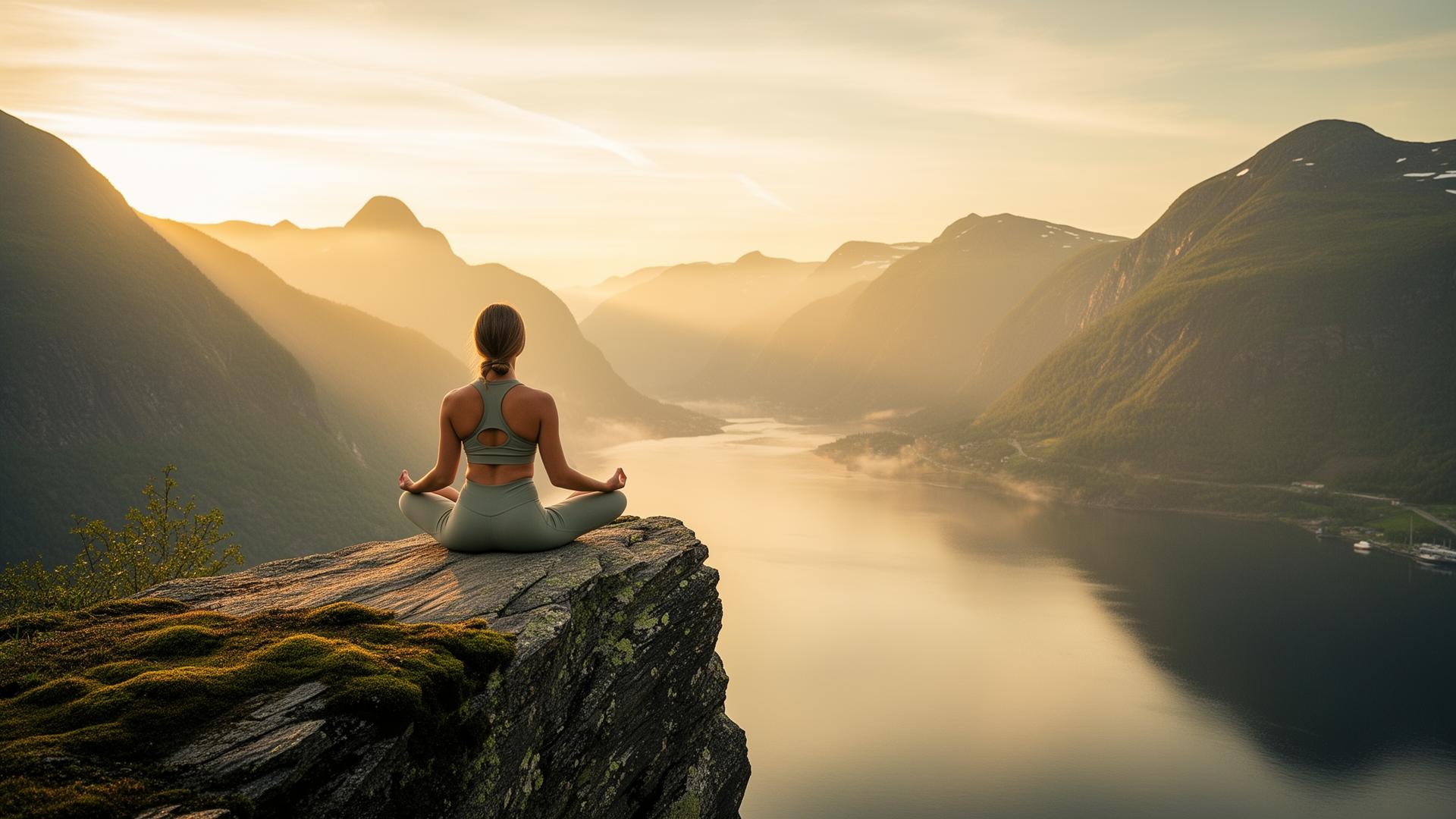 Kvinne i meditasjon på en klippe over en norsk fjord ved soloppgang